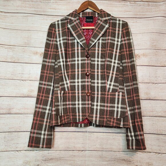 Hugo Boss Women’s Plaid Wool Blend Blazer Pockets Size US 4 Brown Gray - Picture 1 of 13